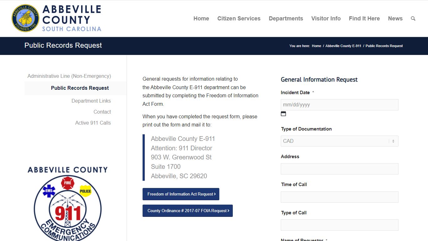 Public Records Request - Abbeville County, South Carolina